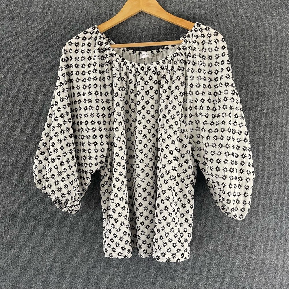 Calvin Klein Womens Embroidered Floral Top Size Large White Black Puff Sleeve